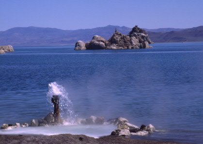 This picture shows calcium carbonate formation in Pyramid Lake, Nevada caused by mixing hydrothermal water with lake water